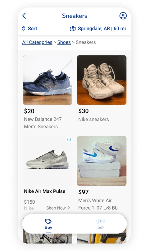 shopXchange browse screen showing used sneakers for sale