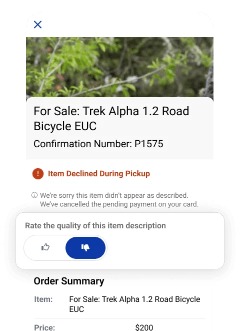shopXchange order summary with a description quality rating prompt